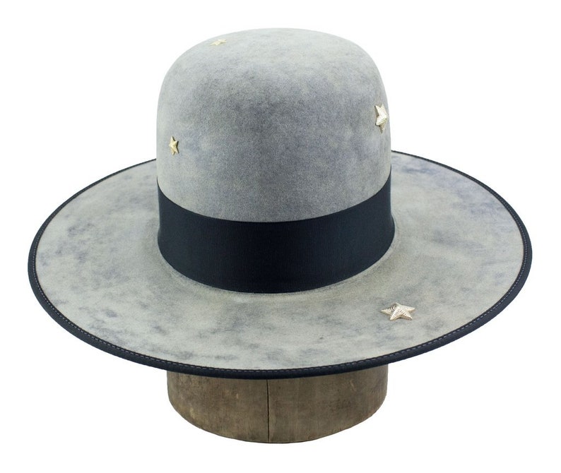 hand dyed open crown beaver fur felt hat w bound brim /& grosgrain ribbon hatband w star accents night sky 7 14