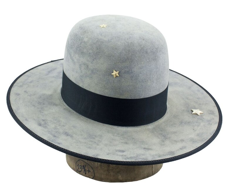 hand dyed open crown beaver fur felt hat w bound brim /& grosgrain ribbon hatband w star accents night sky 7 14