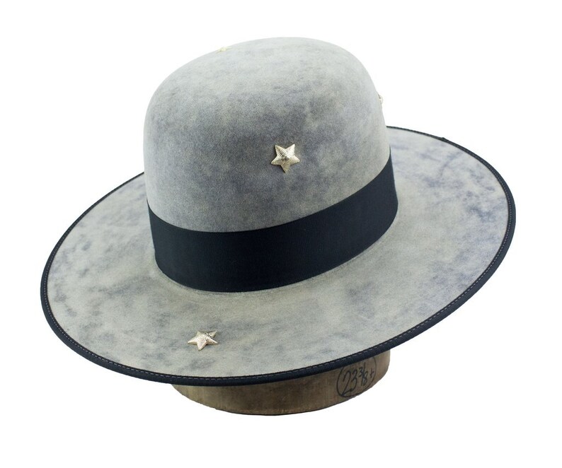 hand dyed open crown beaver fur felt hat w bound brim /& grosgrain ribbon hatband w star accents night sky 7 14