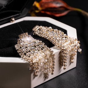 Gold Crystal Fringe Waterfall Statement Earrings Long Sparkle Dangle