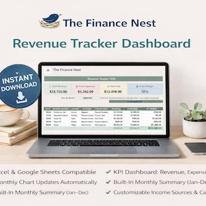 Könnte beinhalten: Ein Laptop zeigt ein Umsatz-Tracker-Dashboard mit Finanzdaten. Der Bildschirm zeigt Umsatz-, Ausgaben- und Nettogewinnzahlen. Das Bild enthält eine Kaffeetasse, Bücher, eine kleine Pflanze und ein Smartphone. Der Text lautet "The Finance Nest" und "Revenue Tracker Dashboard."