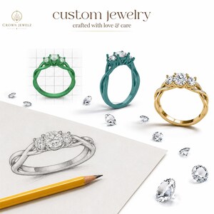 May include: A custom jewellery design process featuring a pencil sketch of a three-stone ring, a green 3D model on a grid, a teal ring model, and a finished gold ring with three clear stones. Scattered loose diamonds surround the ring designs.