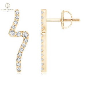 May include: A pair of yellow gold earrings featuring a lightning bolt shape encrusted with round white diamonds. The earrings include a straight post and a threaded screw-back mechanism for secure fastening, showcasing a polished metal finish.