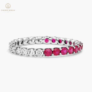 Half Ruby Diamond Eternity Ring, 14K White Gold Band