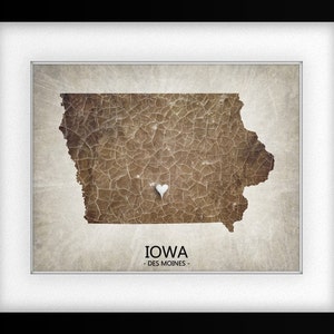 Iowa State Map Art Print Home Town Heart Map Original Custom Map Art Print Available in Multiple Size and Color Options image 2