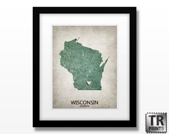 Wisconsin State Map Print  - Home Town Map Art Print - Choose your City & Color - Available in multiple Size and Color Options