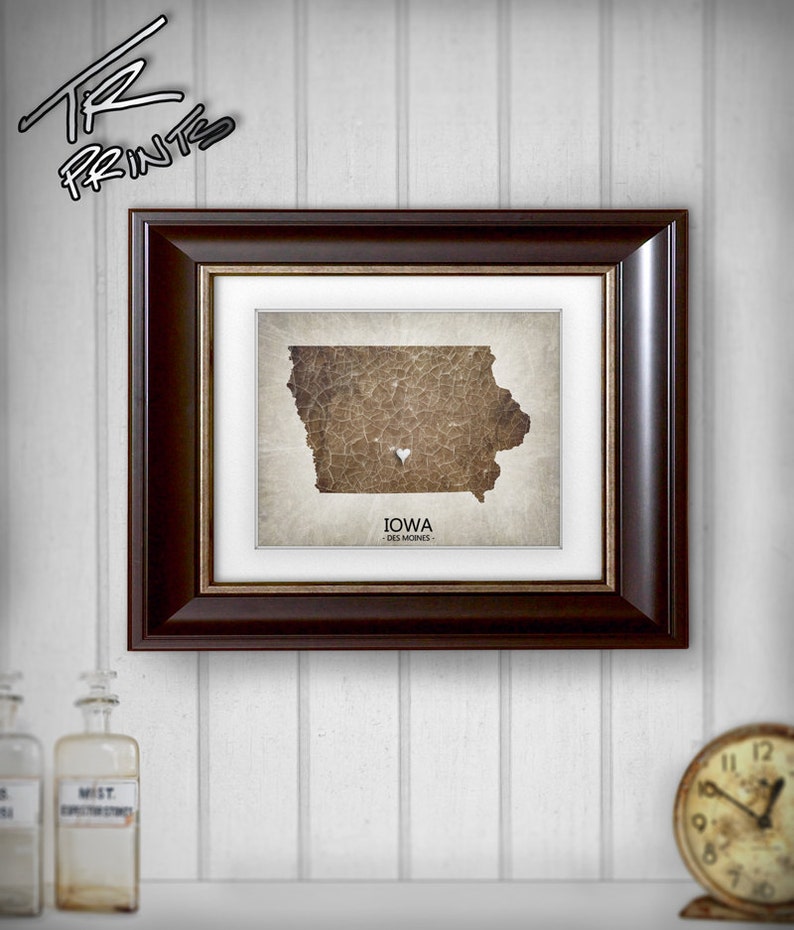 Iowa State Map Art Print Home Town Heart Map Original Custom Map Art Print Available in Multiple Size and Color Options image 3