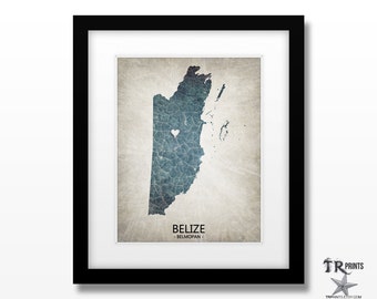 Belize Map Art Print - Home Is Where The Heart Is Love Map - Original Custom Map Art Print Available in Multiple Sizes