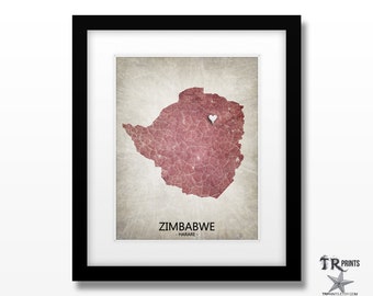 Zimbabwe Africa Map Art Print - Home Is Where The Heart Is Love Map - Custom Map Art Print Available in Multiple Size & Color Options