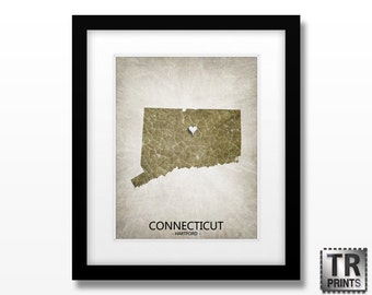 Connecticut State Custom Map Art Print - Home Is Where The Heart Is - Home Town Love - Original Customizable State Map Art Print