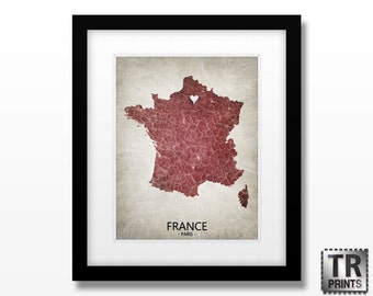 France Map Art - Home Town Heart Map - Original Custom Map Art Print Available in Multiple Size and Color Options