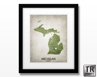 Michigan State Map Art Print - Home Town Love State Map - Original Custom Map Art Print Available in Multiple Size and Color Options