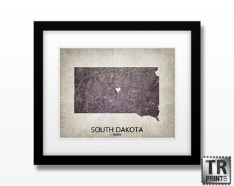 South Dakota State Map Print - Home Town Love Heart Map - Original Custom Map Art Print Available in Multiple Size and Color Options