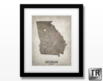 Georgia State Map Art - Home Town Love Heart Map - Original Customizable Giclee Map Print Available in Multiple Size and Color Options