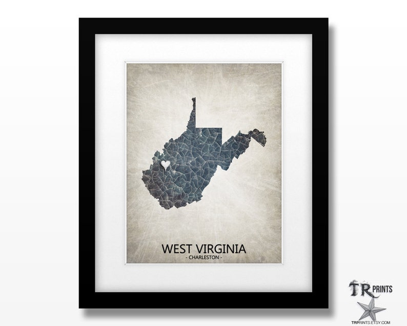 West Virginia State Print Home Town Love Choose your City & Color Original Custom Map Art Available in Multiple Size and Color Options image 1
