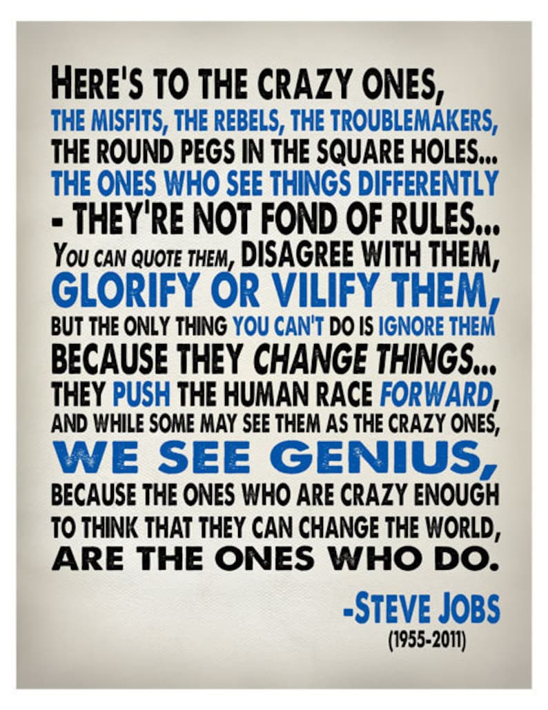 Steve Jobs Inspirational Quote Heres To The Crazy One's Typography Print 8x10 or Larger image 5