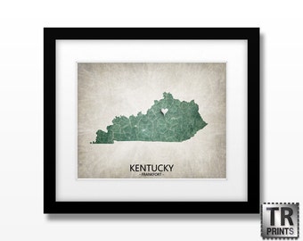 Kentucky State Map Art Print - Home Town Love Heart Map - Original Custom Map Art Print Available in Multiple Size and Color Options