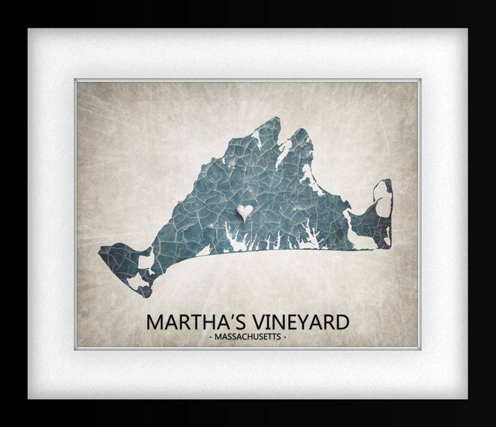 Marthas Vineyard MA Map Art Print Home Is Where The Heart Is Etsy