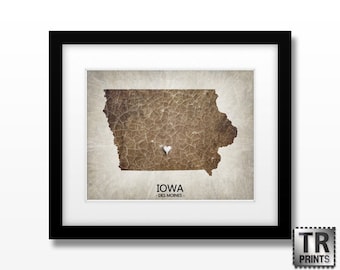 Iowa State Map Art Print - Home Town Heart Map - Original Custom Map Art Print Available in Multiple Size and Color Options