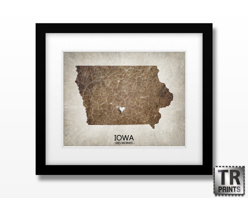 Iowa State Map Art Print Home Town Heart Map Original Custom Map Art Print Available in Multiple Size and Color Options image 1