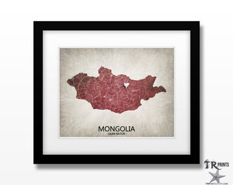 Mongolia Map Art Print - Home Is Where The Heart Is Love Map - Original Custom Map Art Print Available in Multiple Sizes