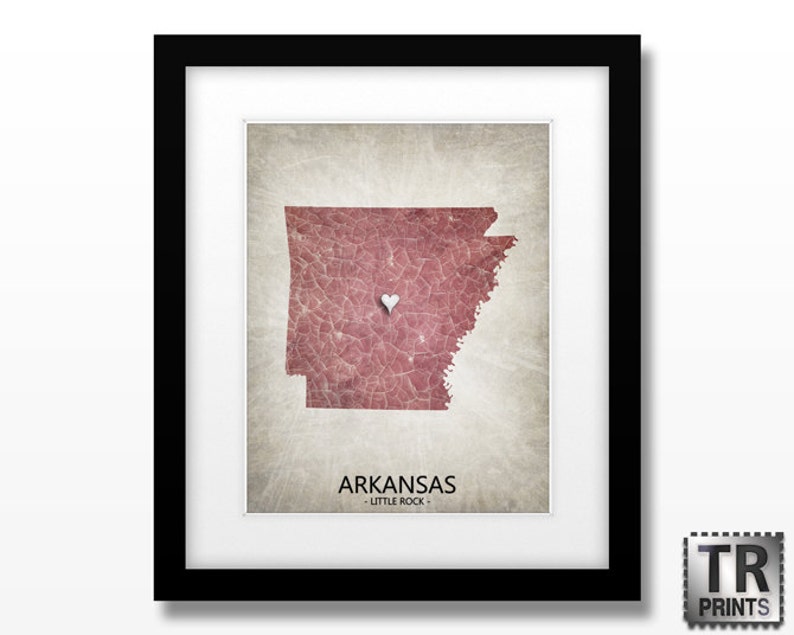 Arkansas State Map Home Is Where The Heart Is Home Town Love Original Custom Art Print Available in Multiple Size and Color Options image 1