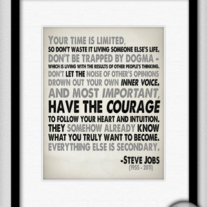 Steve Jobs Quote in Black and Grey Your Time is Limited Typography Print 8x10 or Larger image 2