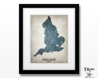 England Map Print - Home Is Where The Heart Is Love Map -  Original Custom Map Art Print Available in Multiple Size and Color Options