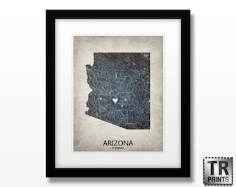 Arizona State Map - Home Is Where The Heart Is - Home Town Love - Original Custom Map Art Print Available in Multiple Size and Color Options