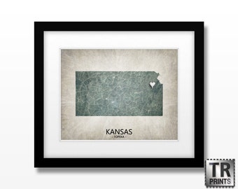 Kansas State Map Art Print - Home Town Love Heart Map - Original Custom Map Art Print Available in Multiple Size and Color Options