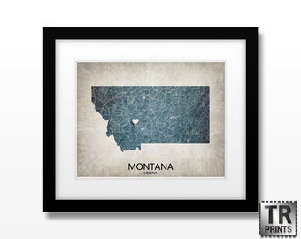 Montana State Map Art Print - Home Town Love Heart Map - Original Custom Map Art Print Available in Multiple Size and Color Options