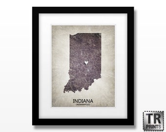 Indiana State Map Art Print - Home Town Love Heart Map - Original Map Print Available in Multiple Sizes