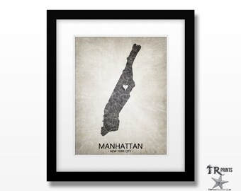 Manhattan New York Art Print - Home Is Where The Heart Is - Original Custom Map Art Print Available in Multiple Size and Color Options