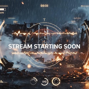 Puede incluir: Una superposición digital con el texto STREAM STARTING SOON centrado sobre una escena de ciudad devastada por la guerra con fuego y humo. La interfaz incluye elementos HUD naranjas, una retícula circular, ondas de audio y datos tácticos.