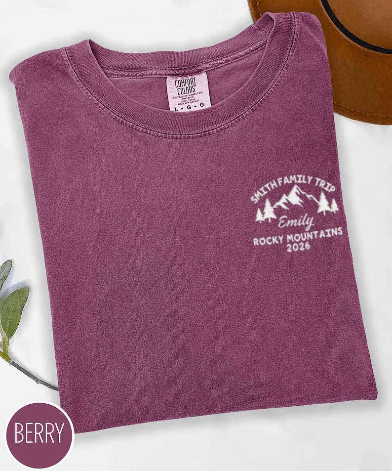 May include: Berry-coloured t-shirt featuring the text "SMITH FAMILY TRIP, Emily, ROCKY MOUNTAINS 2026" and a mountain graphic. The shirt has a crew neck and a tag that says "COMFORT COLORS".