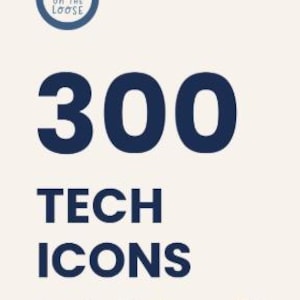 Könnte beinhalten: Eine digitale Grafik mit dem Text 300 TECH ICONS in großer dunkelblauer Schrift auf hellem Hintergrund. Sie enthält den Text Recolorable in one click for PowerPoint & Canva und 300 SVG FILES in einem blauen pillenförmigen Button unten.