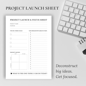 Może przedstawiać: Biała karta startowa projektu z klawiaturą, notatnikiem, okularami i długopisem. Arkusz zawiera sekcje na nazwę projektu, cele i podział zadań. Tekst na arkuszu brzmi "Dekonstruuj wielkie idee. Skup się."