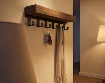 Wall Mounted Key Holder with Shelf, Rustic Wooden Key Rack 6 Hooks, Entryway Organizer, Mail Holder, Farmhouse Wall Decor, Key Storage