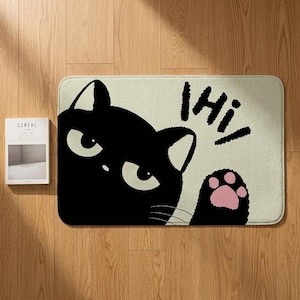 Black Cat Bath Mat, Cute Cartoon Cat Door Mat, Funny Hi Kitten Paw Bathroom Rug, Kitchen Rug, Entryway Welcome Mat Gift