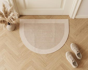 Thin Washable Semi Circle Door Mat, Beige Minimalist Entry Rug, Scandinavian Style Non Slip Doormat, Neutral Modern Home Decor