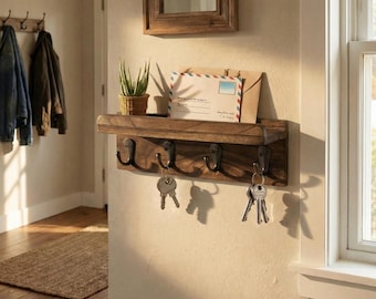 Llavero rústico de madera para pared con estante, organizador de entrada de estilo rústico, ganchos de pared para llaves, correo y decoración, estante flotante para llaves.