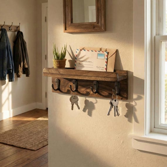 Rustic Wood Key Holder Wall Mount with Shelf, Farmhouse Entryway Organizer, Wall Hooks for Keys, Mail & Decor, Floating Key Rack