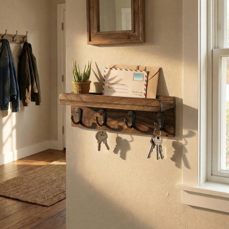 May include: A rustic wooden key holder and mail organizer mounted on a wall. The shelf holds a small potted plant, an envelope, and a card. Below are five metal hooks with keys hanging from them. The wood has a dark brown finish.