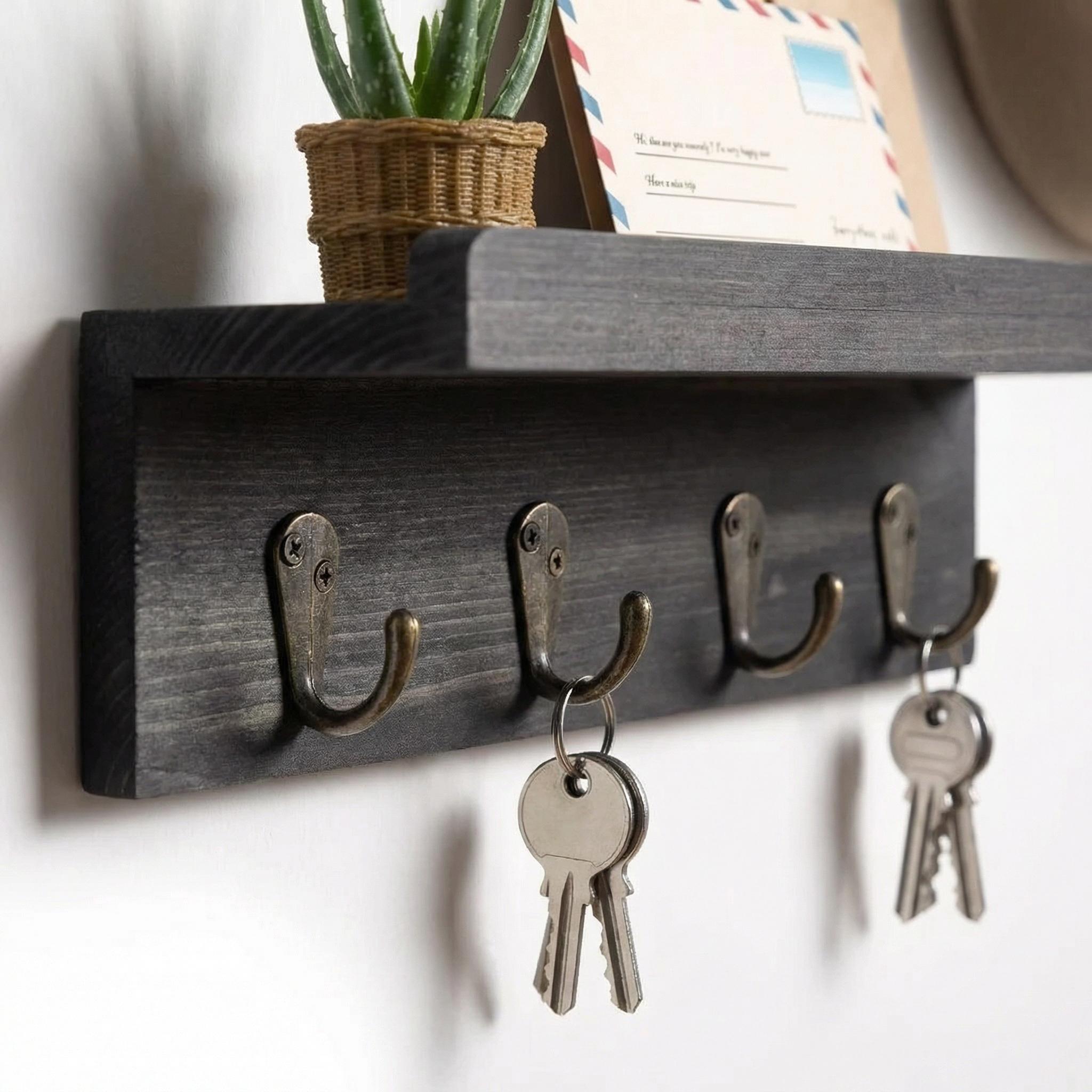 Rustic Wood Key Holder Wall Mount With Shelf, Farmhouse Entryway ...