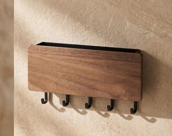 Wall Mounted Key Holder with Shelf, Wooden Key Rack Organizer, Entryway Storage Shelf with Hooks, Minimalist Home Decor