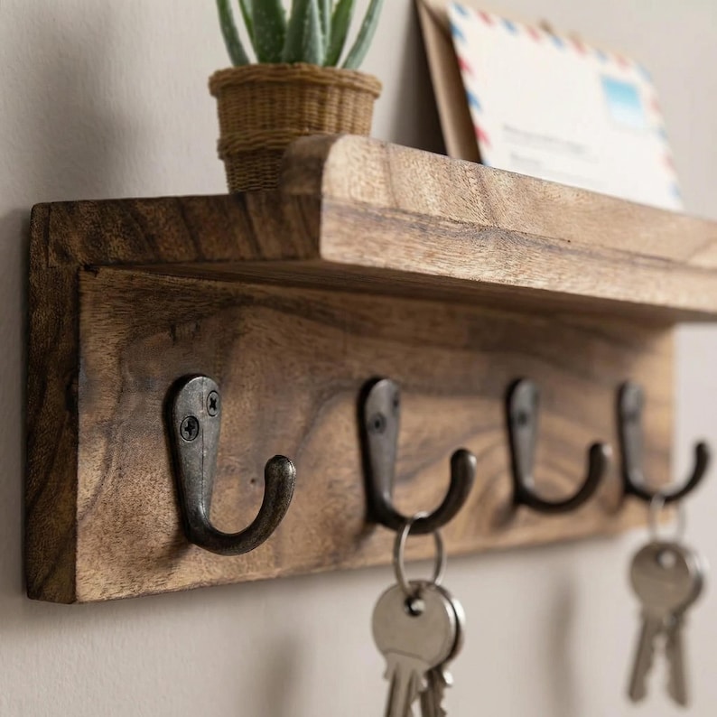 May include: A rustic wooden key holder with four metal hooks. The key holder has a small shelf and is stained a warm brown color. A small potted plant and an envelope are on the shelf. Keys hang from two of the hooks.