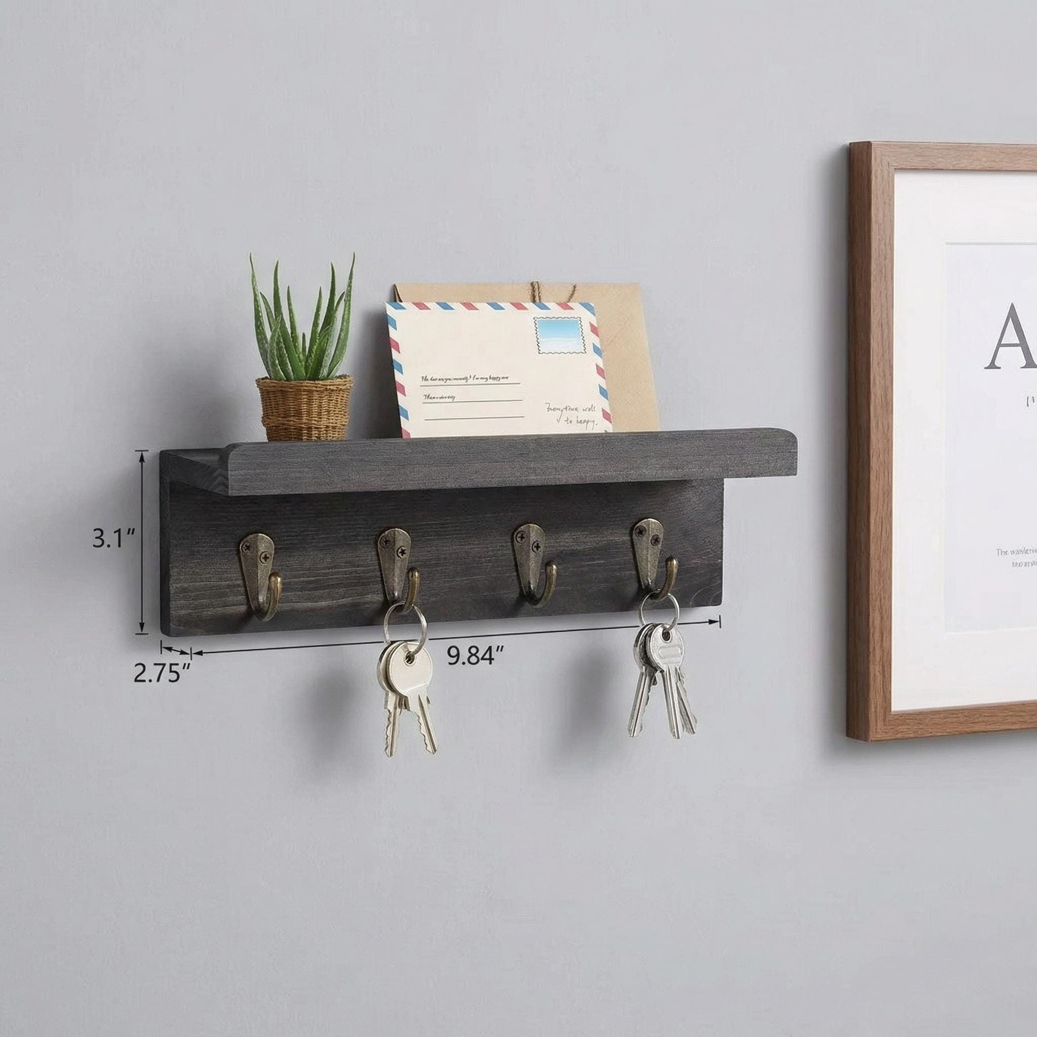 Rustic Wood Key Holder Wall Mount With Shelf, Farmhouse Entryway ...