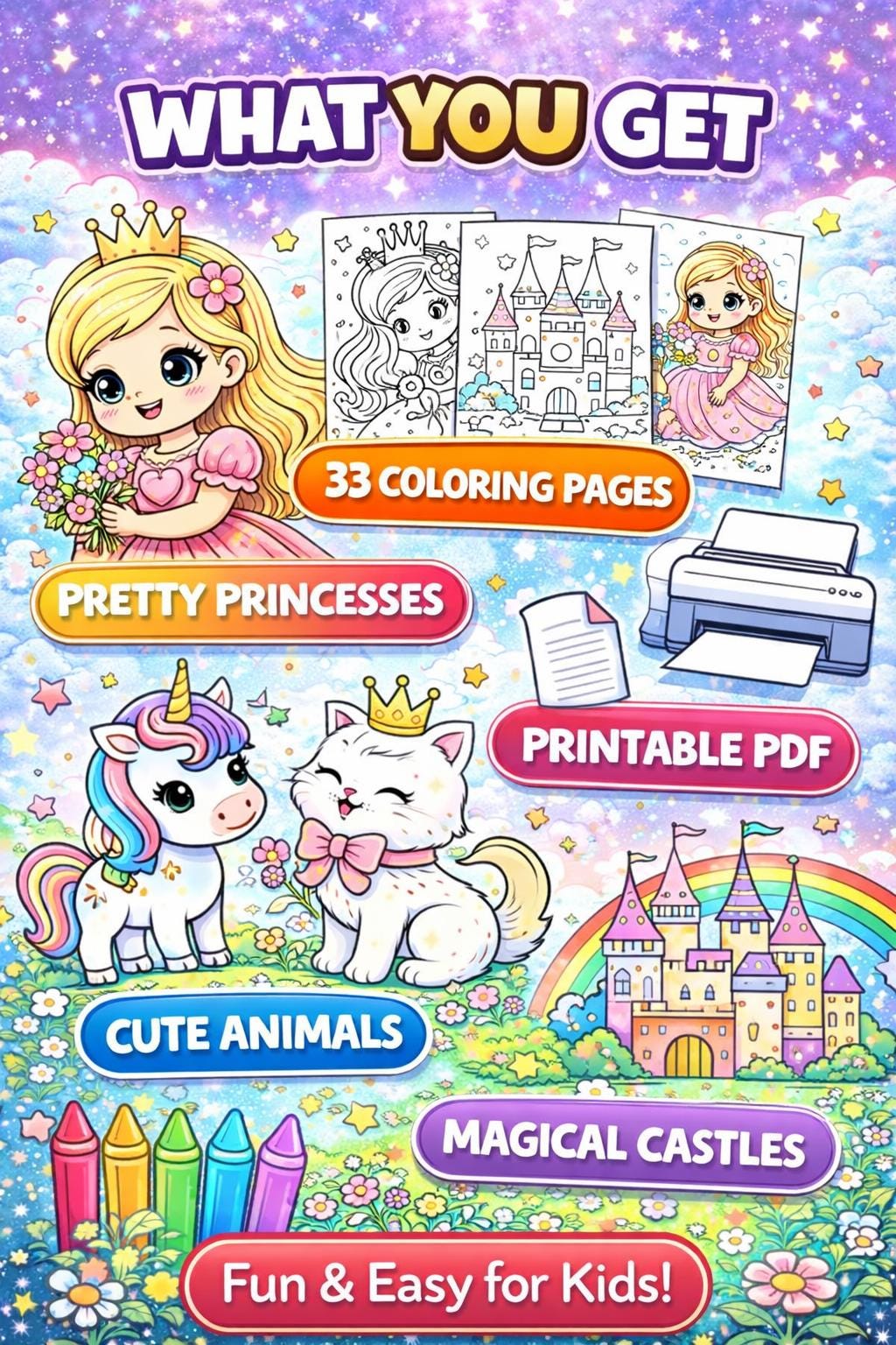 Princess Coloring Book for Kids | Printable PDF | Easy Coloring Pages