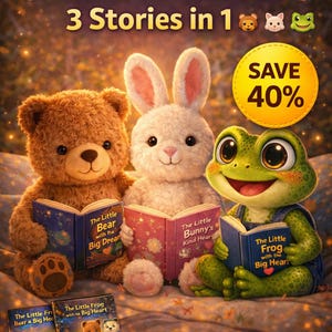 Può includere: Grafica "Animal Story Bundle" con un orsacchiotto marrone, un coniglio bianco e una rana verde che leggono libri. I libri sono intitolati "The Little Bear with a Big Dream", "The Little Bunny's Kind Heart" e "The Little Frog with the Big Heart". Un cerchio giallo dice "SAVE 40%" e in basso c'è "Instant Download".