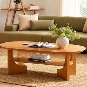 Oval Cherry Mid-Century Modern Coffee Table with Storage Shelf